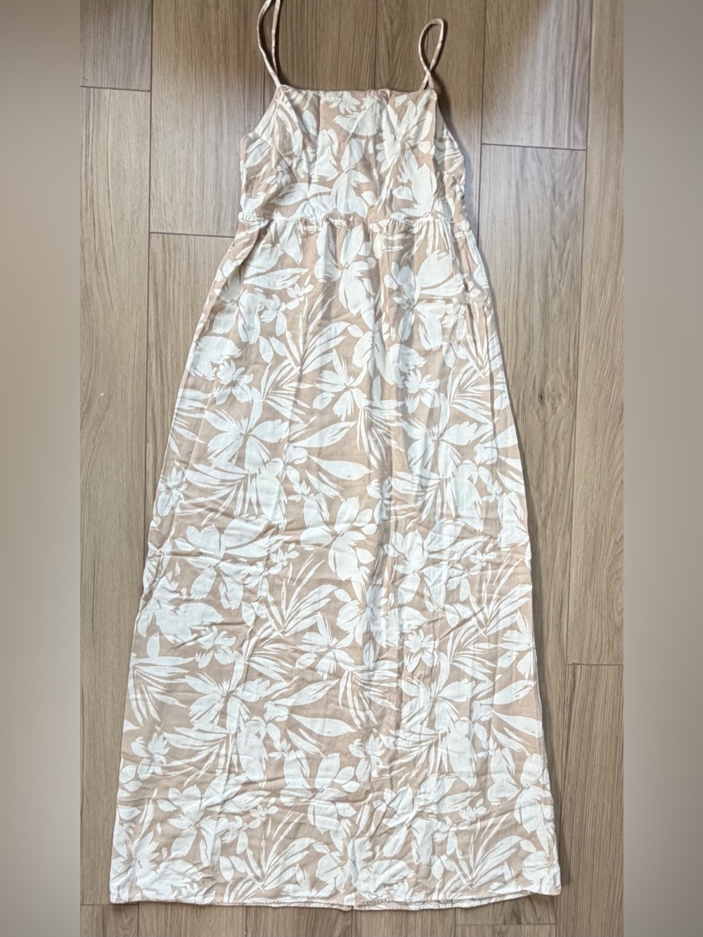 Monteau Los Angeles Beige Floral Print Spaghetti Strap Maxi Dress Linen Blend L